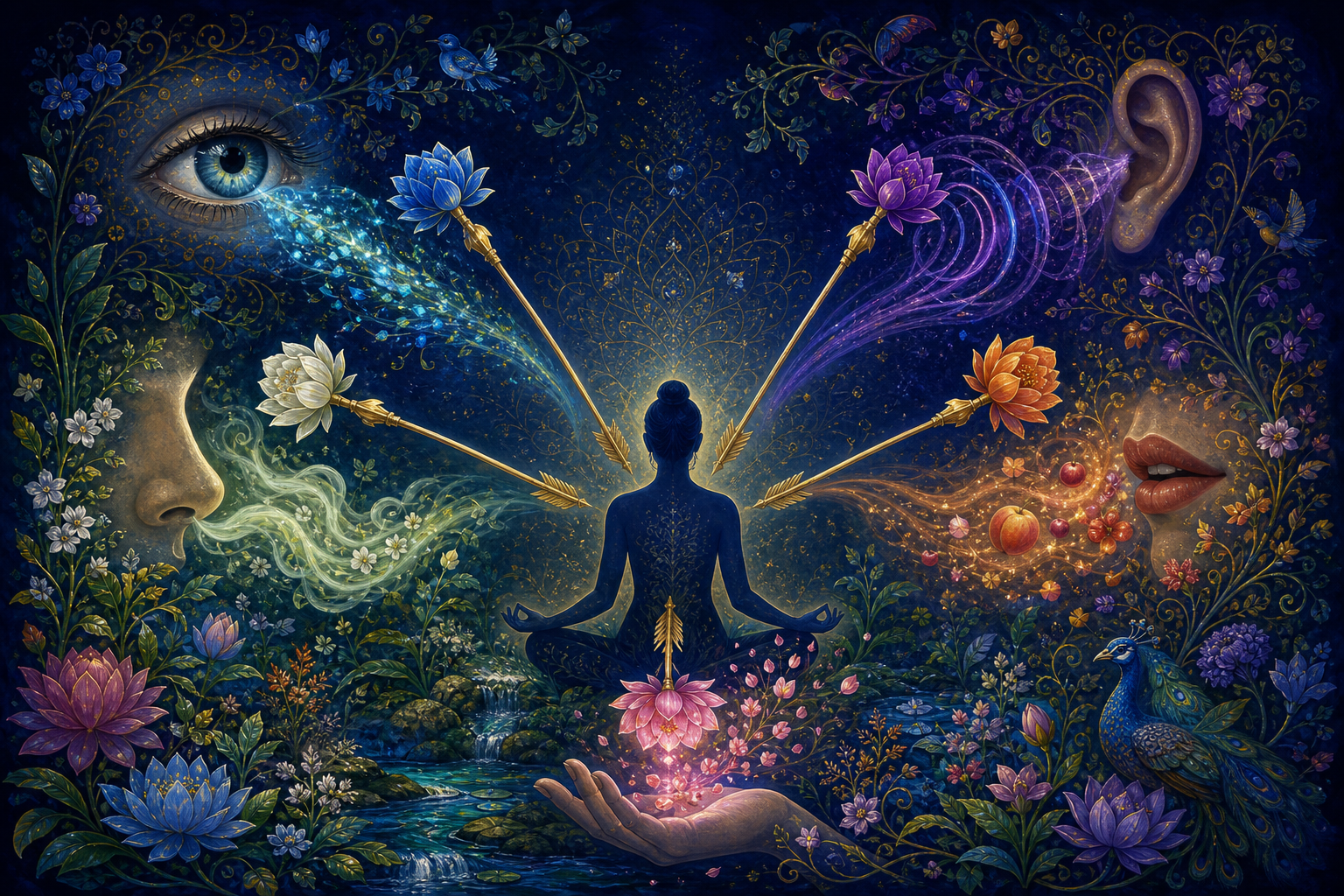 Five blossom-tipped arrows send color, sound ripples, fragrance, sweetness and soft petals toward the eye, ear, nose, mouth and hand of a seated figure.