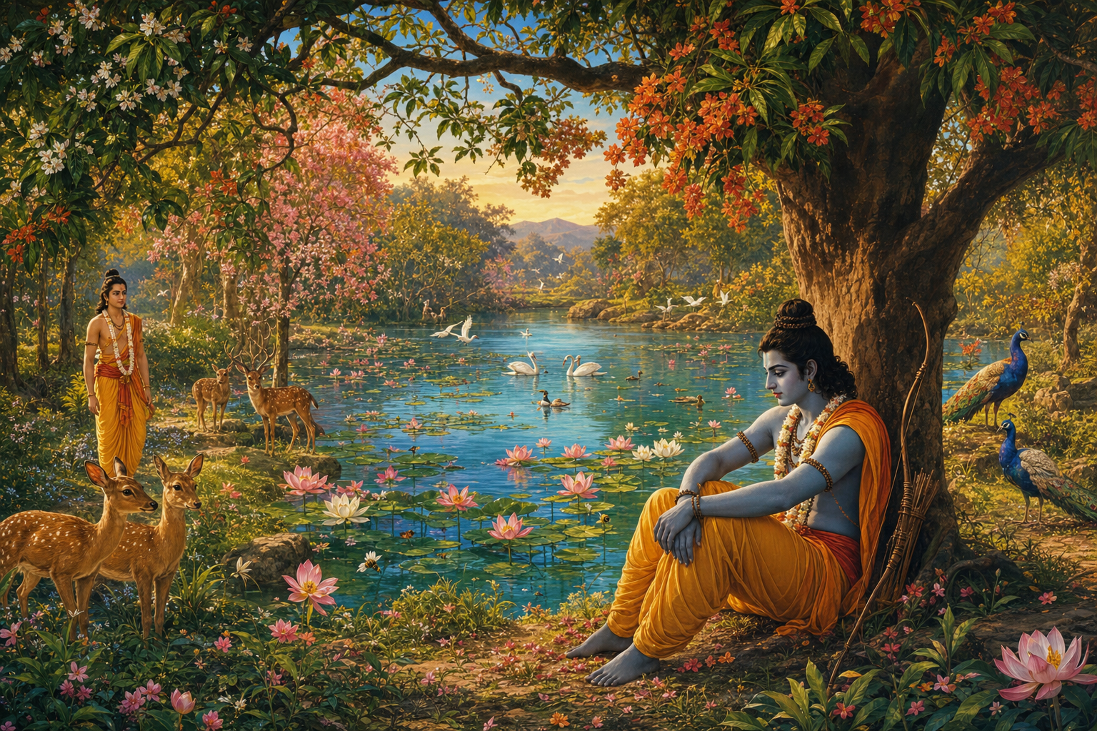 Rama sits beneath a flowering tree beside a lotus lake as paired birds and deer gather in the surrounding landscape.
