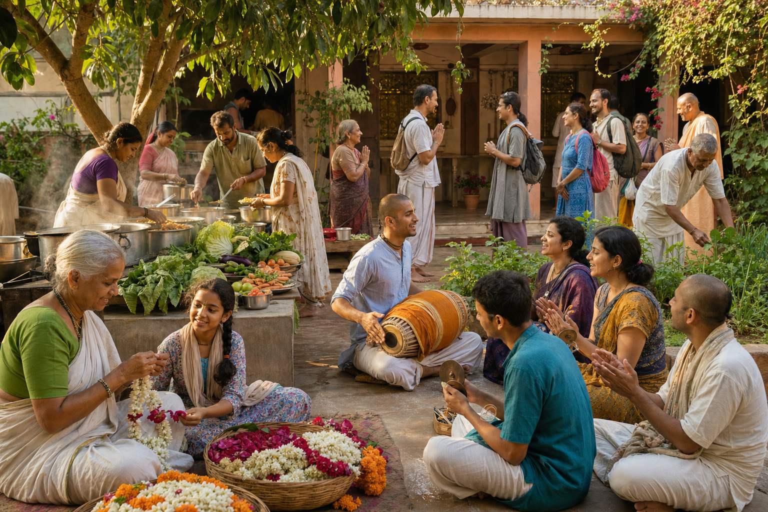 Adults and children cook, make garlands, play devotional instruments and tend a garden together in a community courtyard.