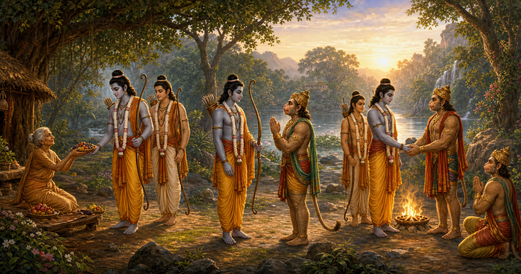 Shabari welcomes Rama at a forest hermitage, Hanuman approaches Rama and Lakshmana, and Rama forms an alliance with Sugriva beside a ritual fire.