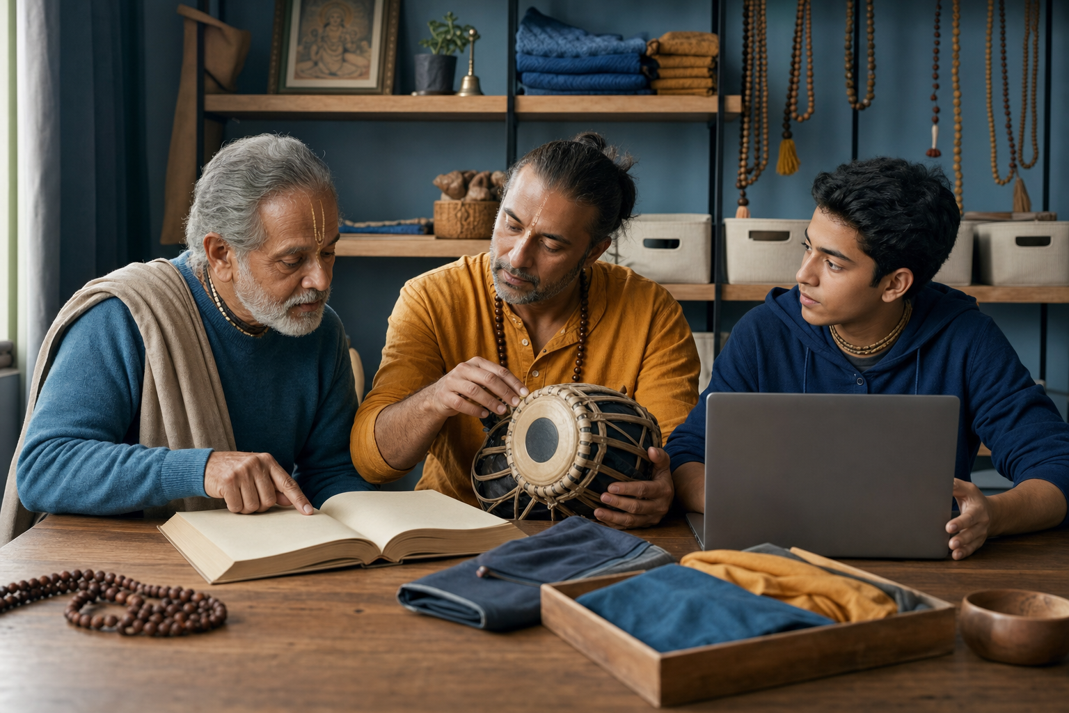 Three generations of practitioners consult a scripture, repair a drum and plan community service together at a wooden table.