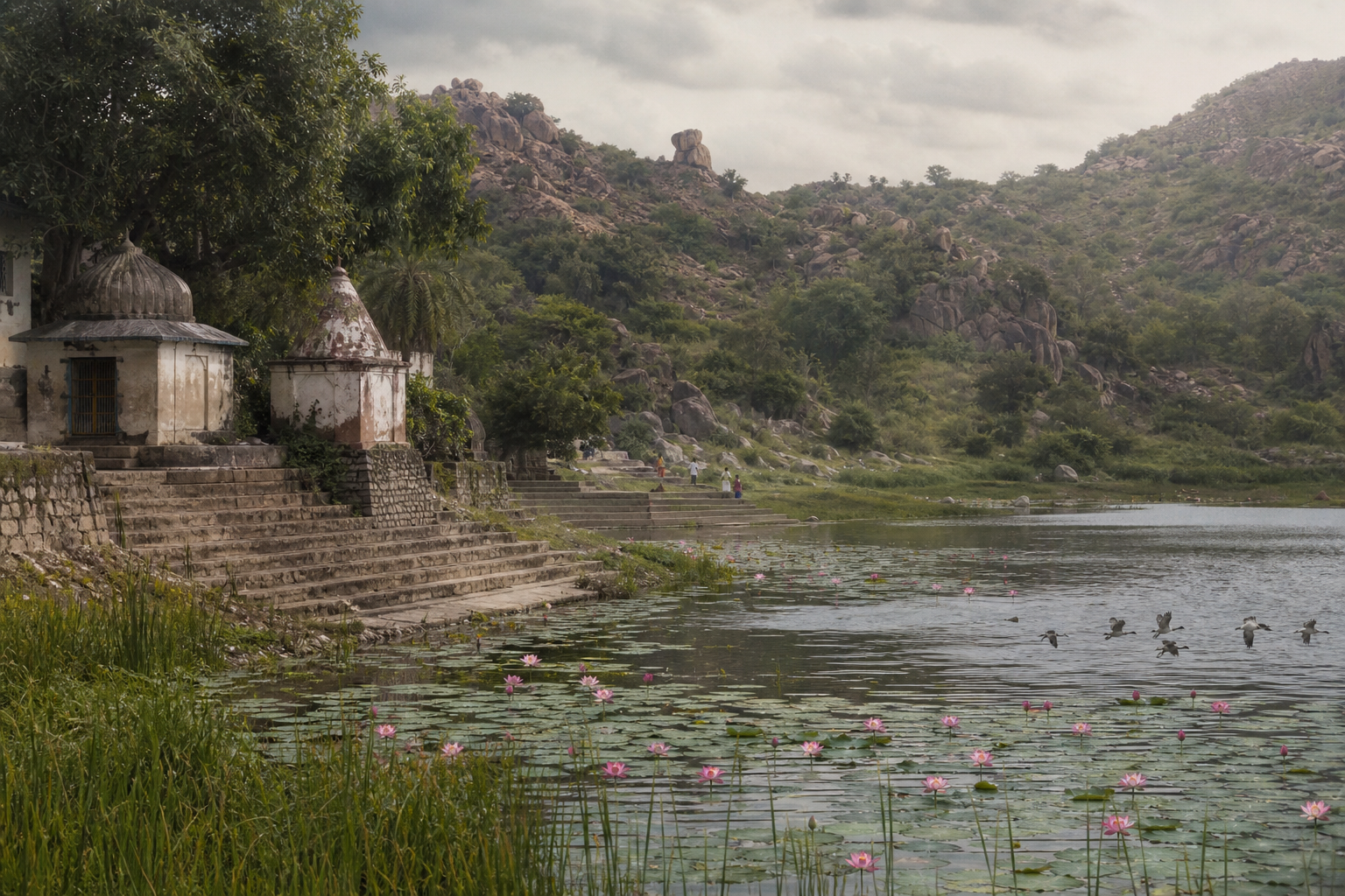 Pilgrims walk beside stone steps and small shrines on the shore of a lotus-dotted lake surrounded by rocky green hills.