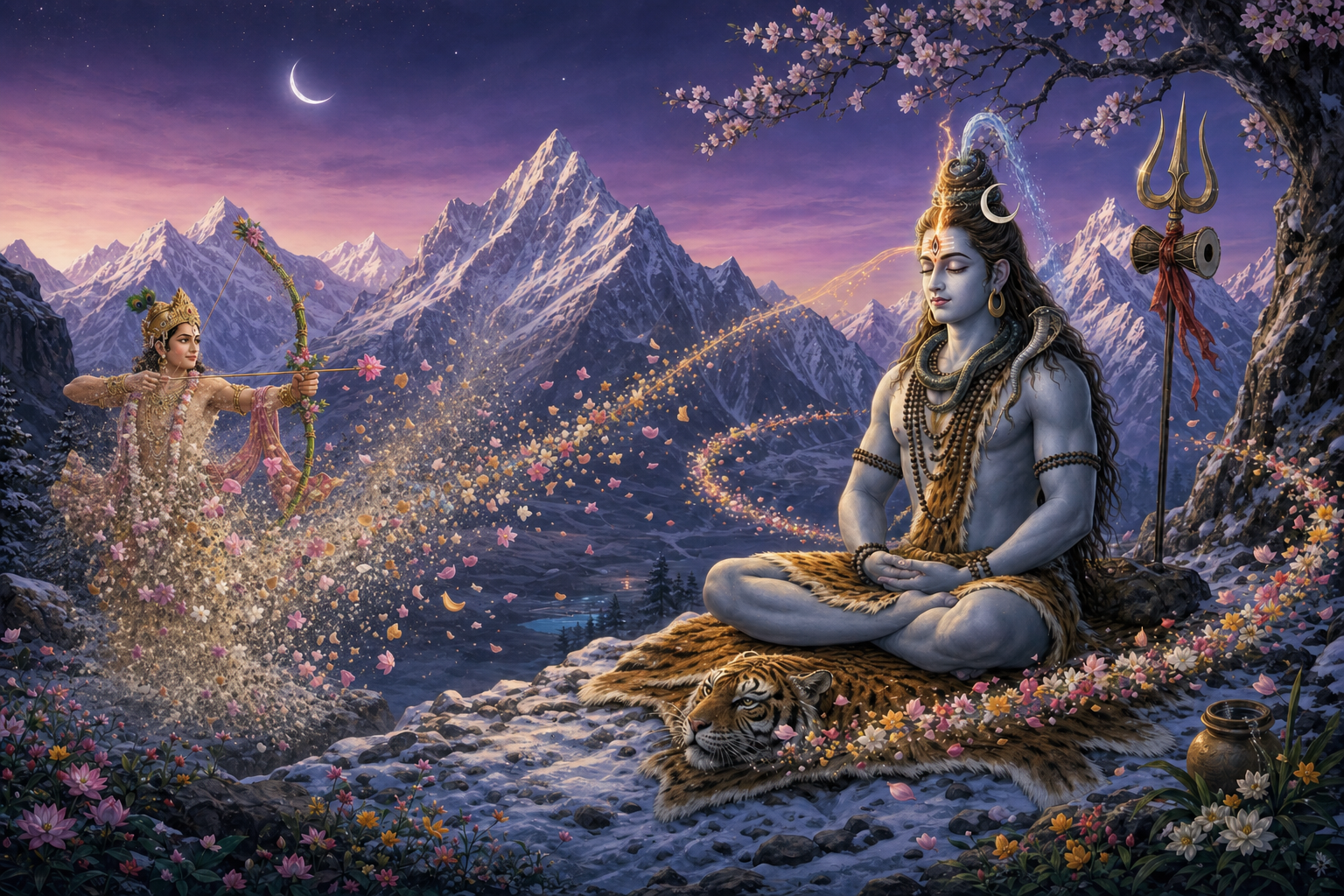 Meditating Shiva opens his fiery third eye as Kamadeva's flower arrow and form dissolve into light, ash and drifting petals.