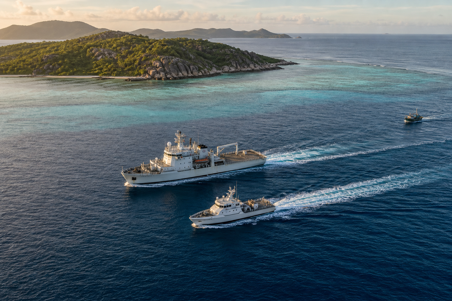 Two maritime vessels travel near a green Seychelles island while a fishing boat crosses blue water above coral shallows.