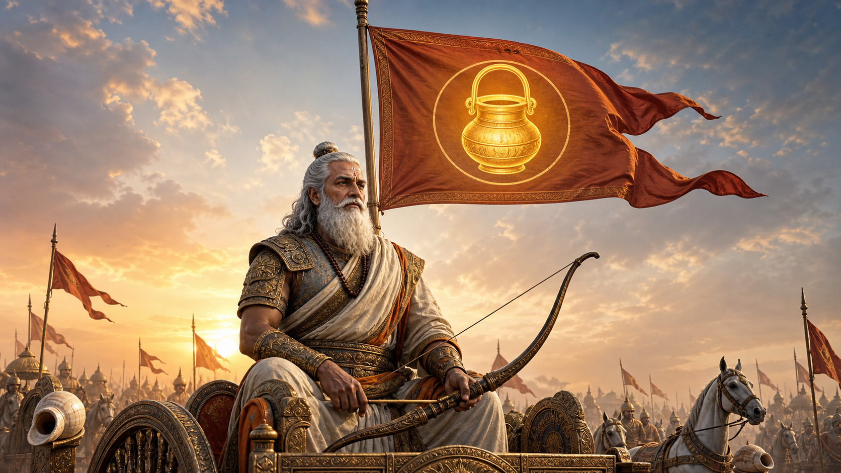 Dronacharya on an ancient chariot beneath a kamandalu banner at Kurukshetra sunrise