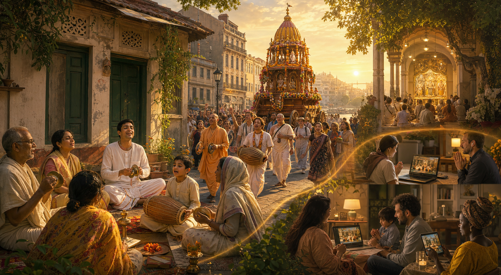 Devotees chant in a Bengali courtyard that opens onto a European chariot procession and a temple broadcast reaching homes around the world.