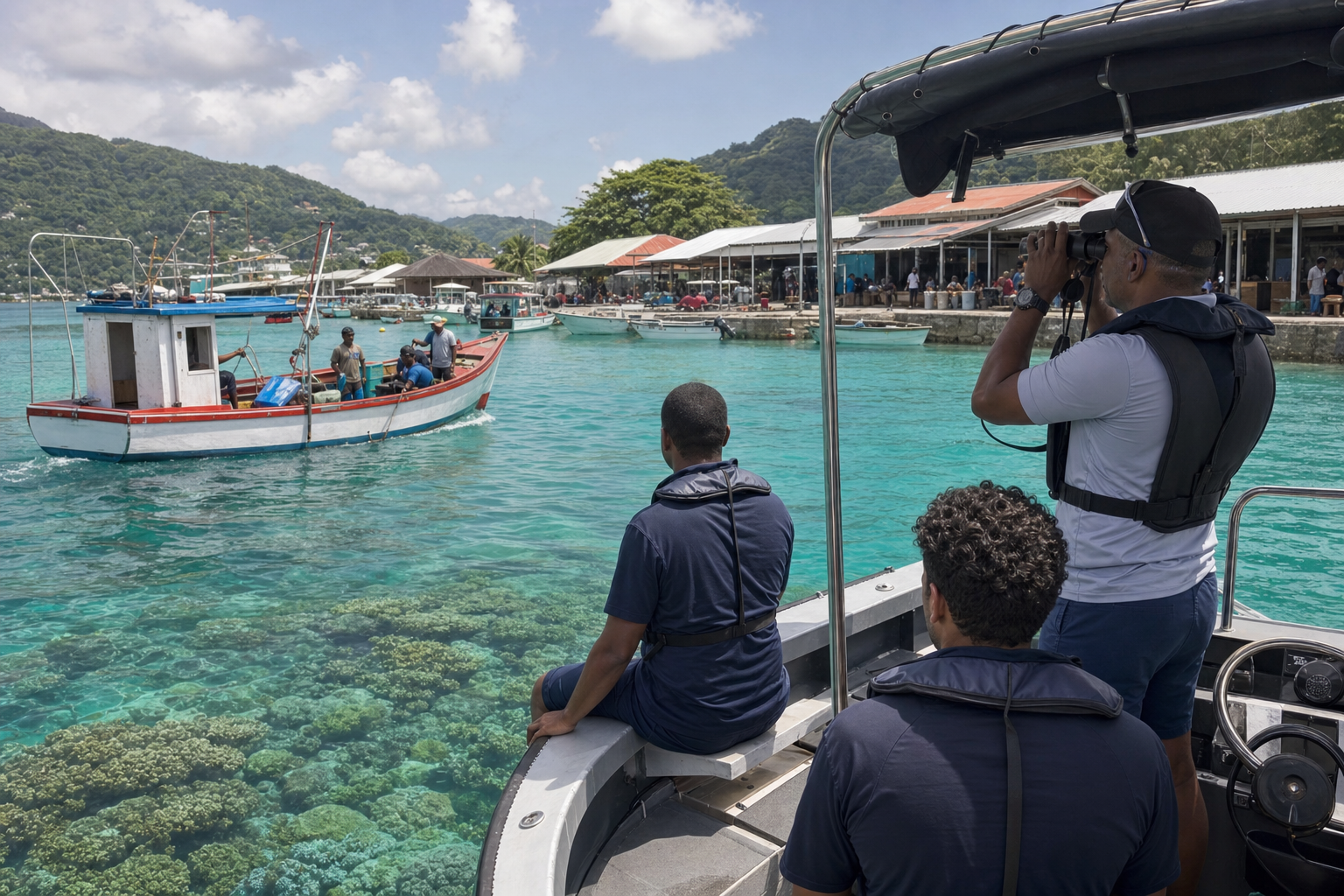 A patrol crew monitors a fishing vessel near a coral reef and a harbor with working boats.