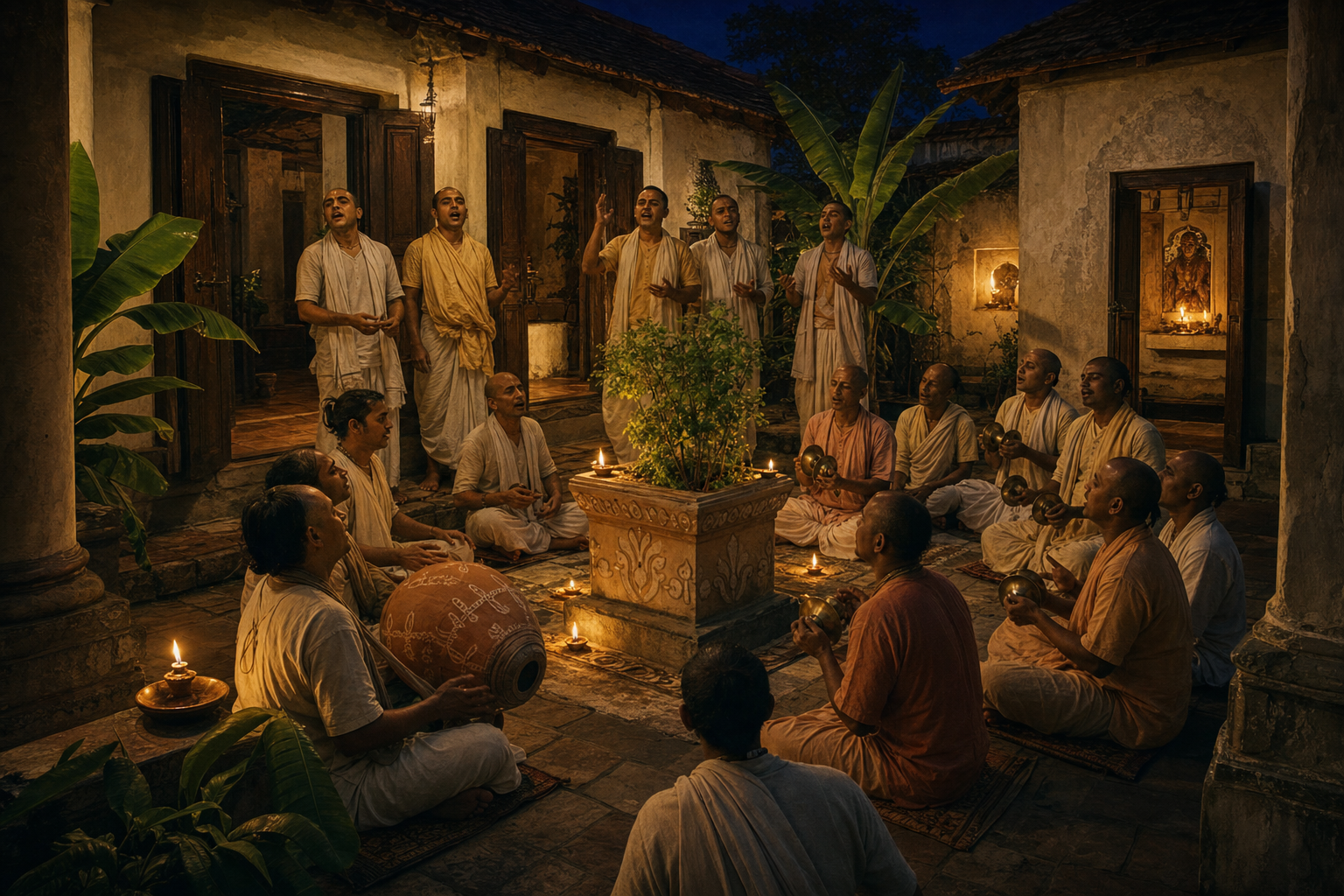 A circle of devotees sings with hand cymbals and a double-headed drum in a lamplit Bengali courtyard.