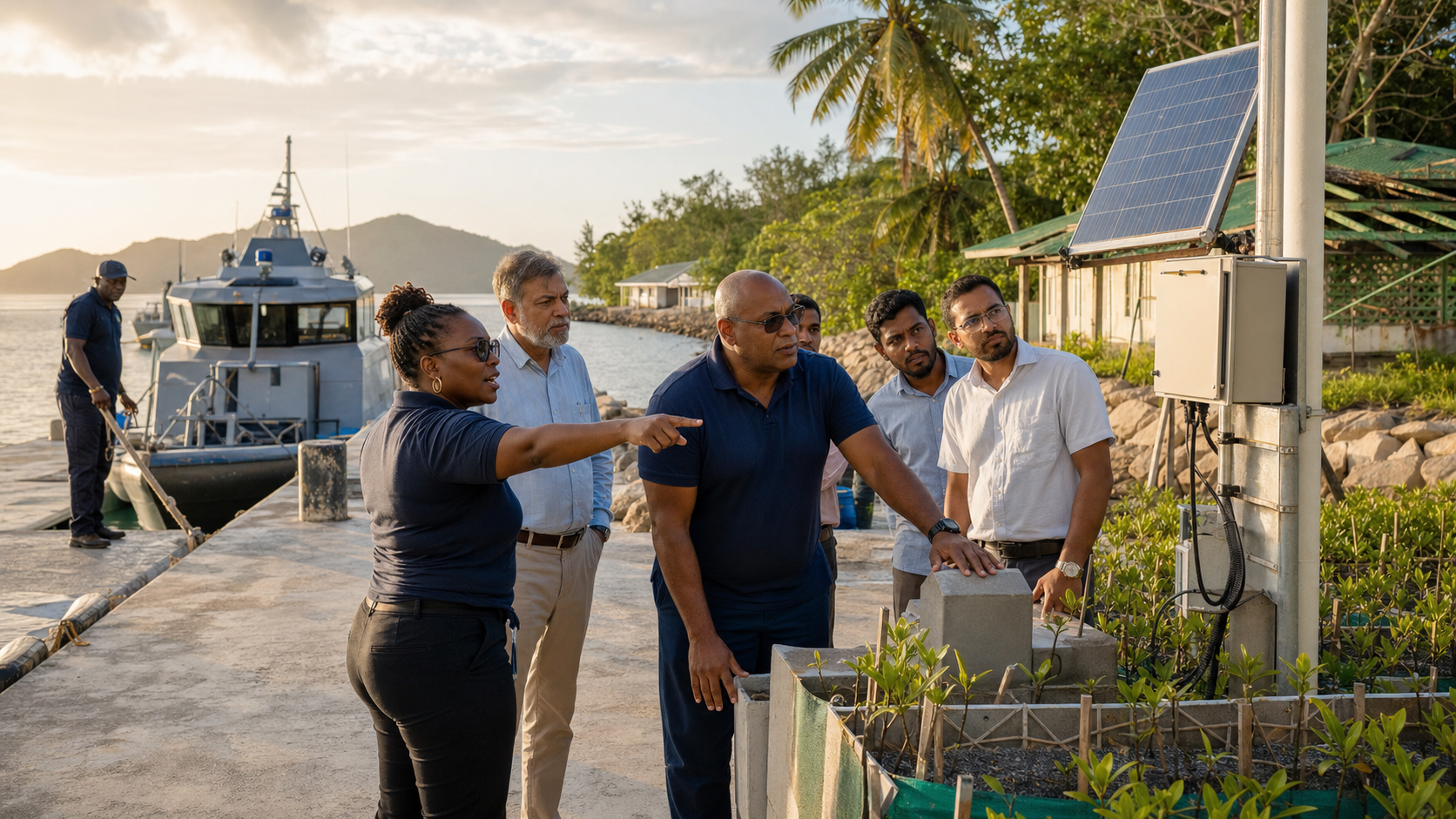 Seychellois officials and maritime workers lead a harbor inspection with visiting Indian technical advisers.