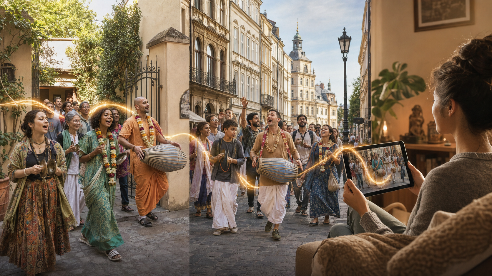 Chanting devotees move from a courtyard into a European street procession while another practitioner watches from home on a tablet.