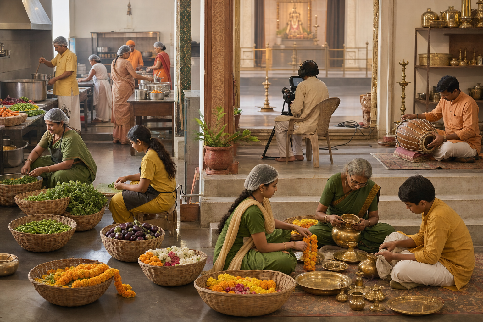 Temple volunteers prepare food, arrange flowers, care for instruments, and operate a camera for a devotional broadcast.
