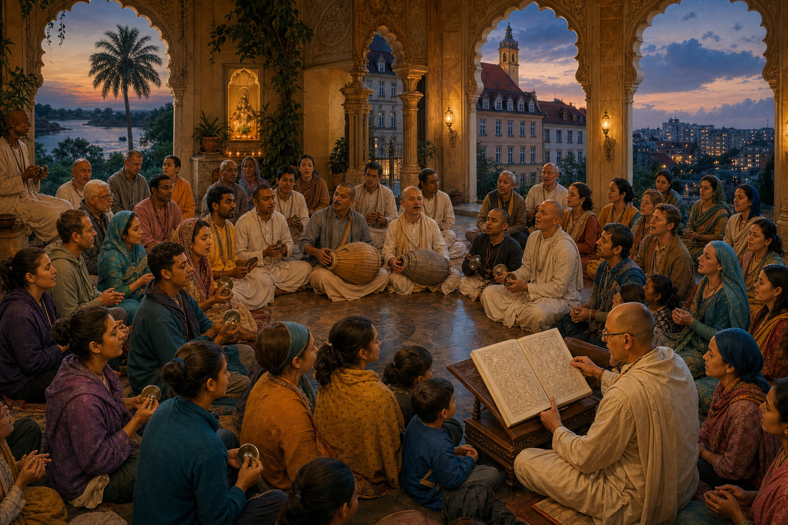 A culturally diverse group chants and studies together in a temple courtyard connected visually to landscapes and homes in several regions.