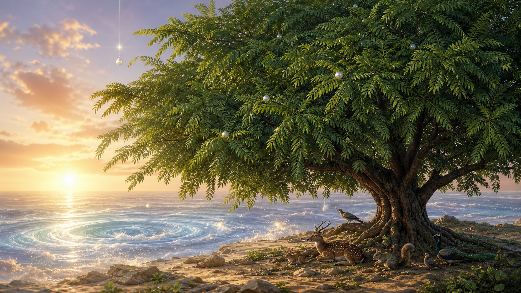 Mature neem tree beside a luminous cosmic ocean at dawn, with pearl-like amrita drops and woodland animals resting beneath its canopy.