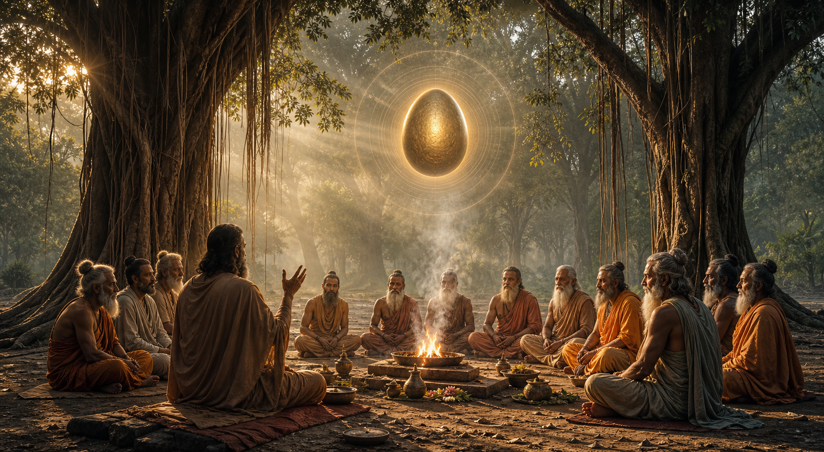 Ancient sages gathered around a yajna fire beneath banyan trees as a luminous golden cosmic egg appears above them.