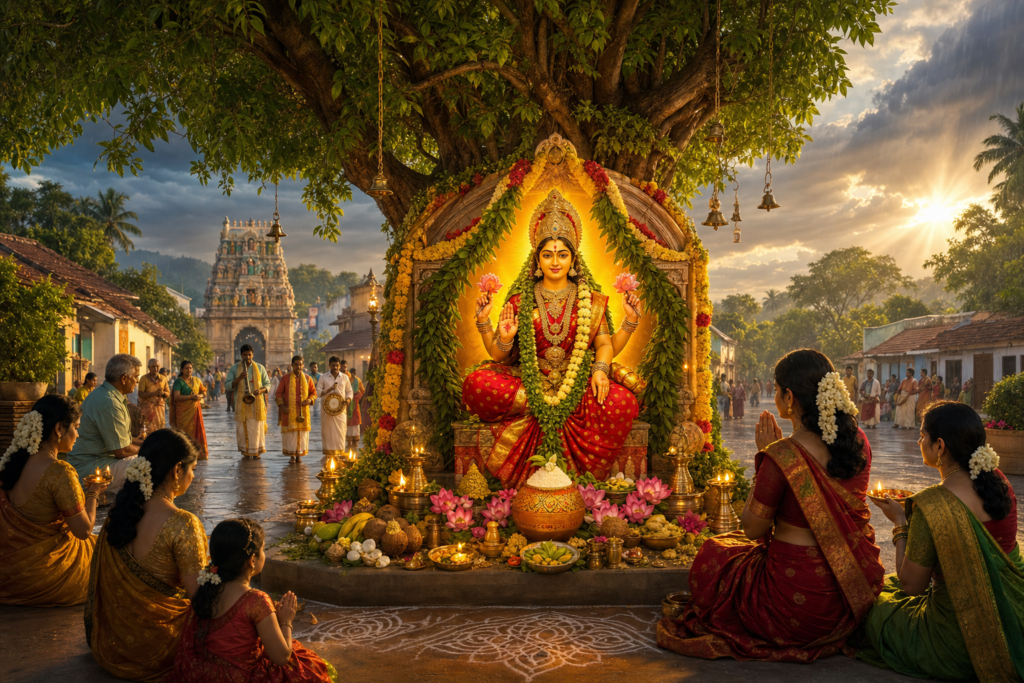 Tamil Amman shrine under a sacred neem tree with devotees, lamps, offerings, and a temple gopuram at golden hour