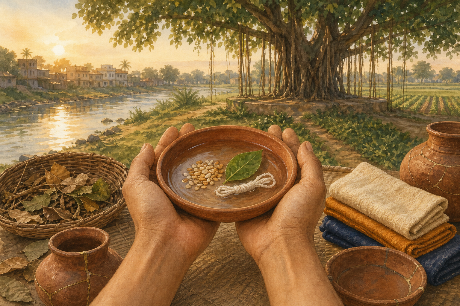 Hands hold a clay bowl of water, grain, and a leaf amid repaired household objects, composting leaves, a river, fields, and a banyan tree.