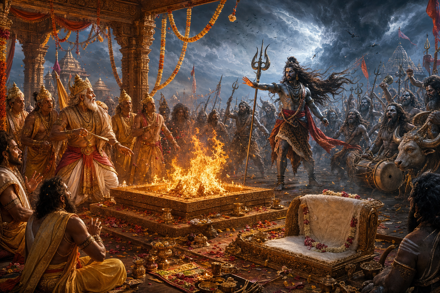 Virabhadra and Rudra's ganas enter Daksha's grand sacrificial arena as priests and guests surround the blazing fire altar.