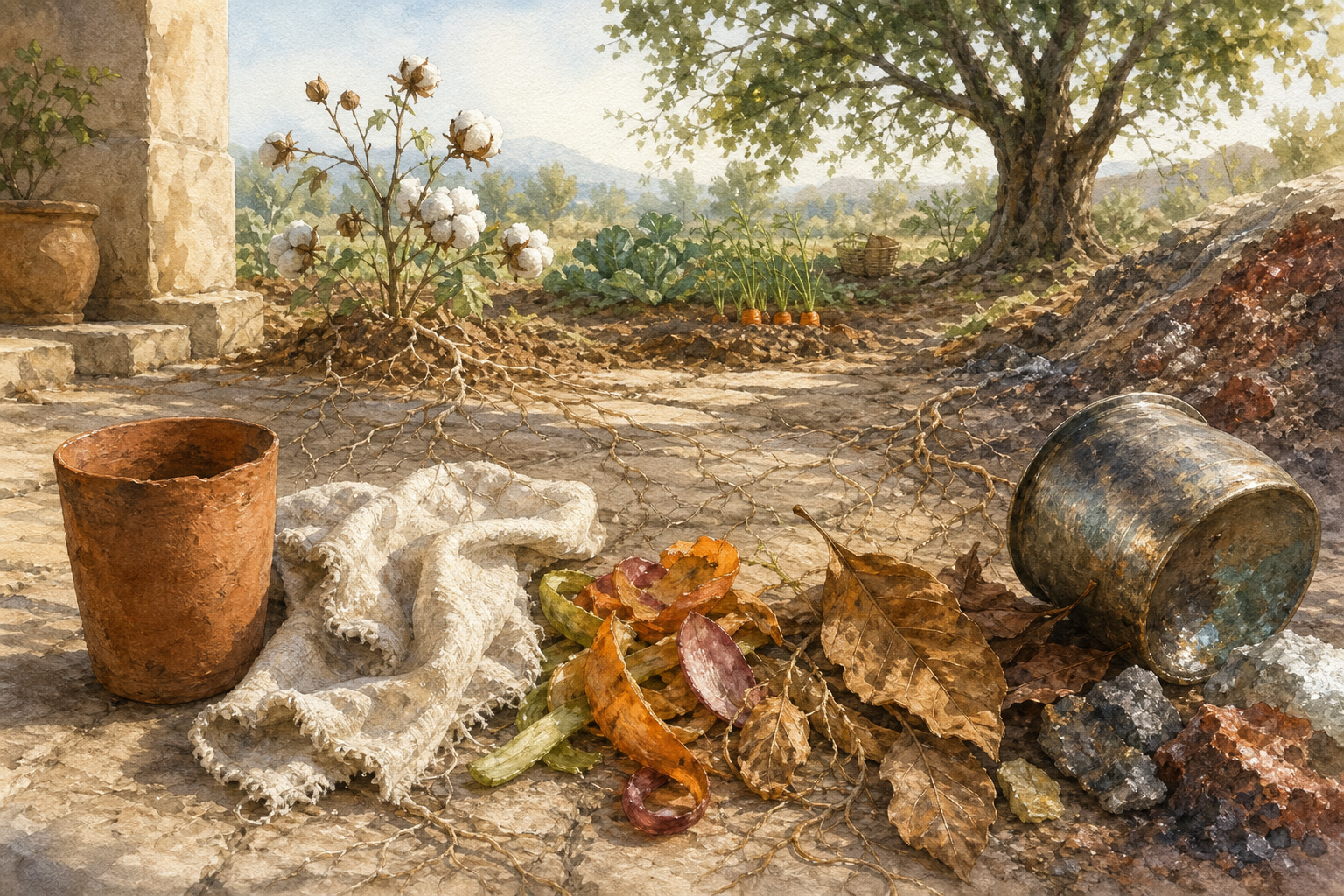 A clay cup, worn cloth, food scraps, leaves, and a metal vessel are visually connected to soil, plants, trees, and mineral-rich earth.
