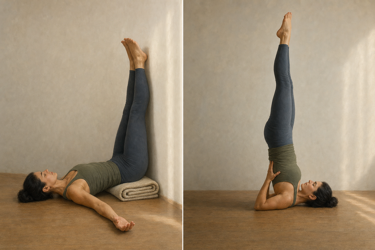 Side-by-side illustration of a passive legs-up-the-wall posture and an active supported inversion with the hips lifted in the hands.