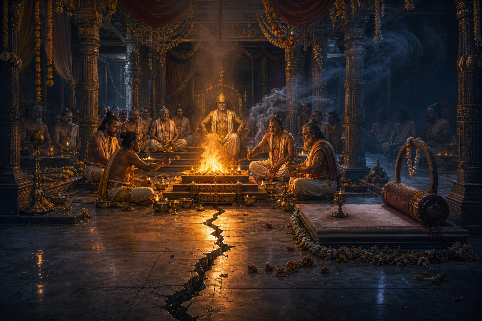 Daksha presides over a lavish fire sacrifice while an empty place, uneasy priests, and a cracked floor suggest the ritual's broken integrity.