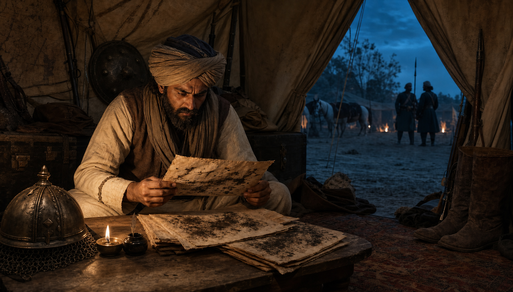 A campaign chronicler examines manuscript folios by lamplight inside a tent, with horses and campfires visible outside before dawn.