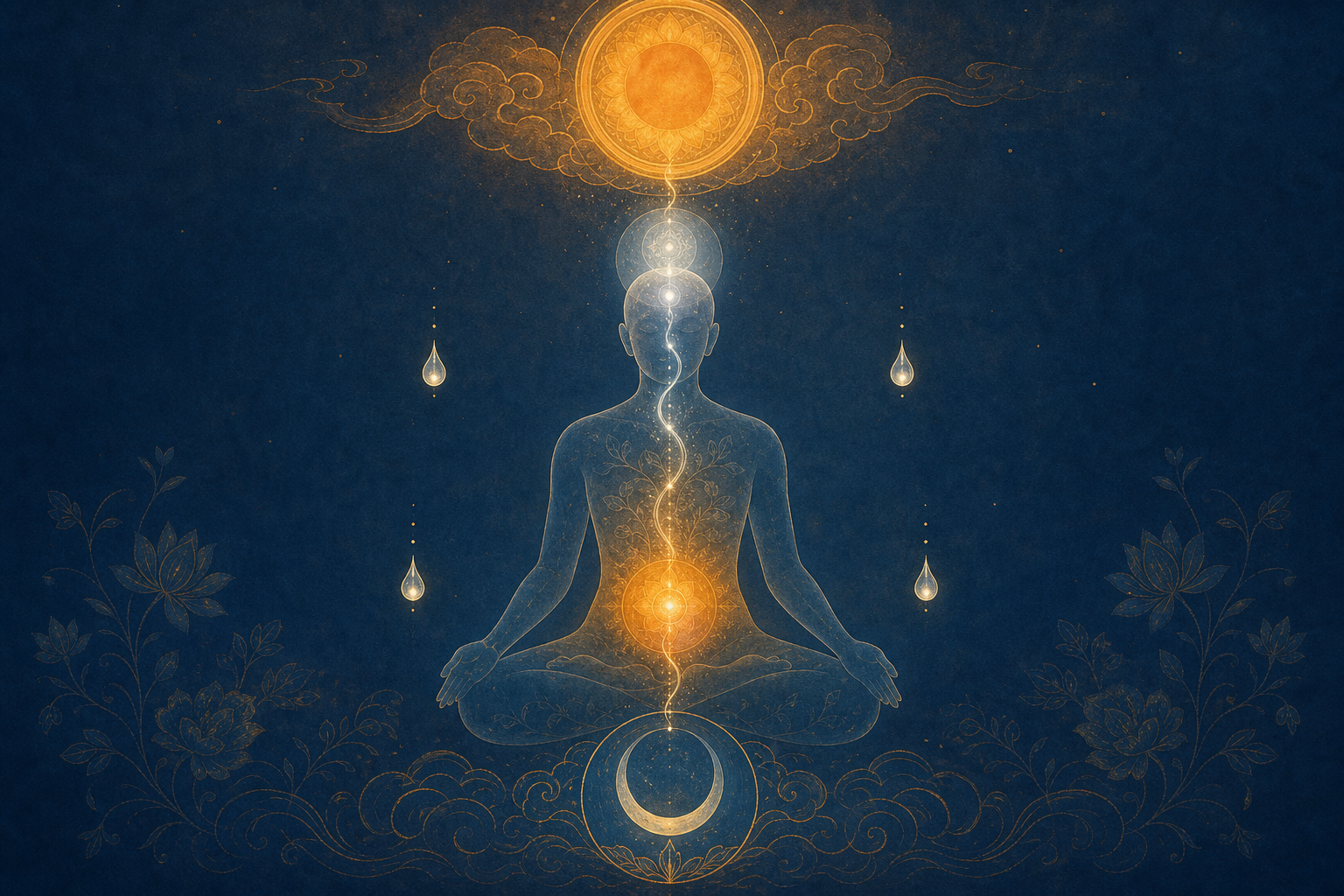 A translucent seated figure contains an amber glow at the abdomen and a pale moonlike glow near the head, joined by a vertical current of light.