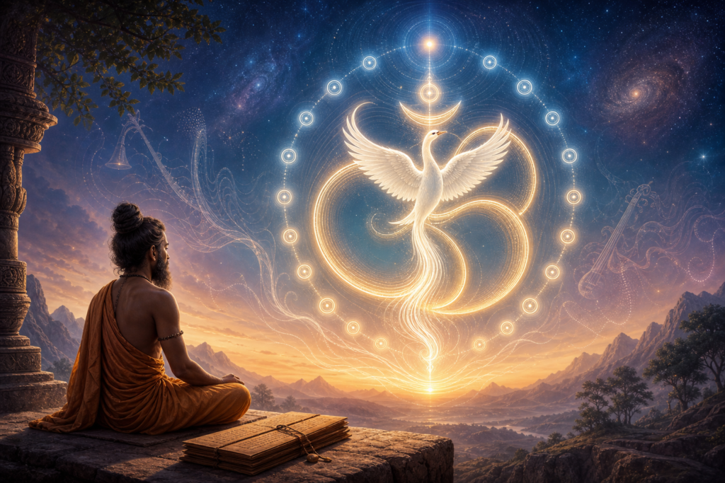 Meditating yogi before a luminous Om symbol with a white hamsa bird and twelve glowing matra markers in a cosmic dawn sky.