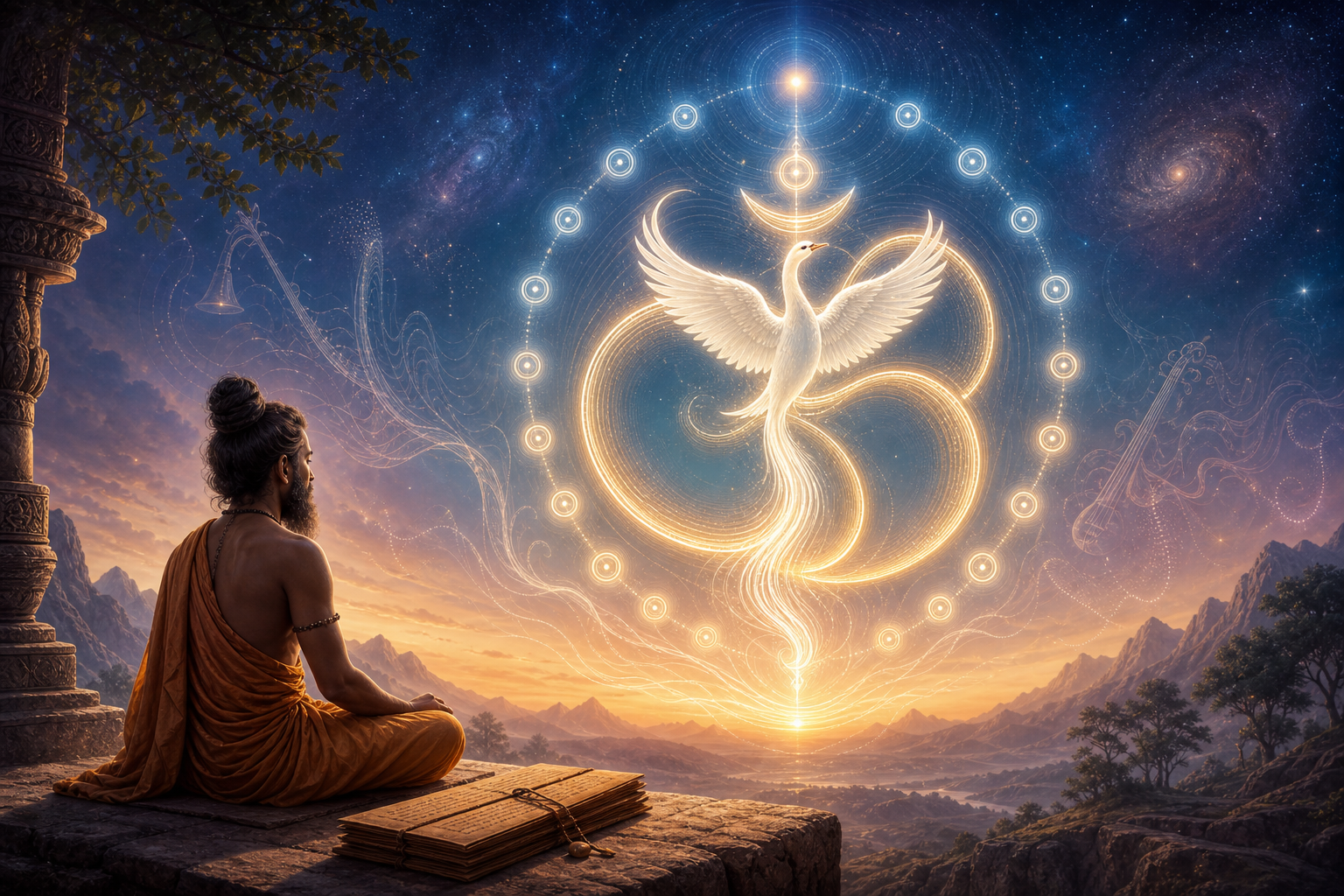 Meditating yogi before a luminous Om symbol with a white hamsa bird and twelve glowing matra markers in a cosmic dawn sky.