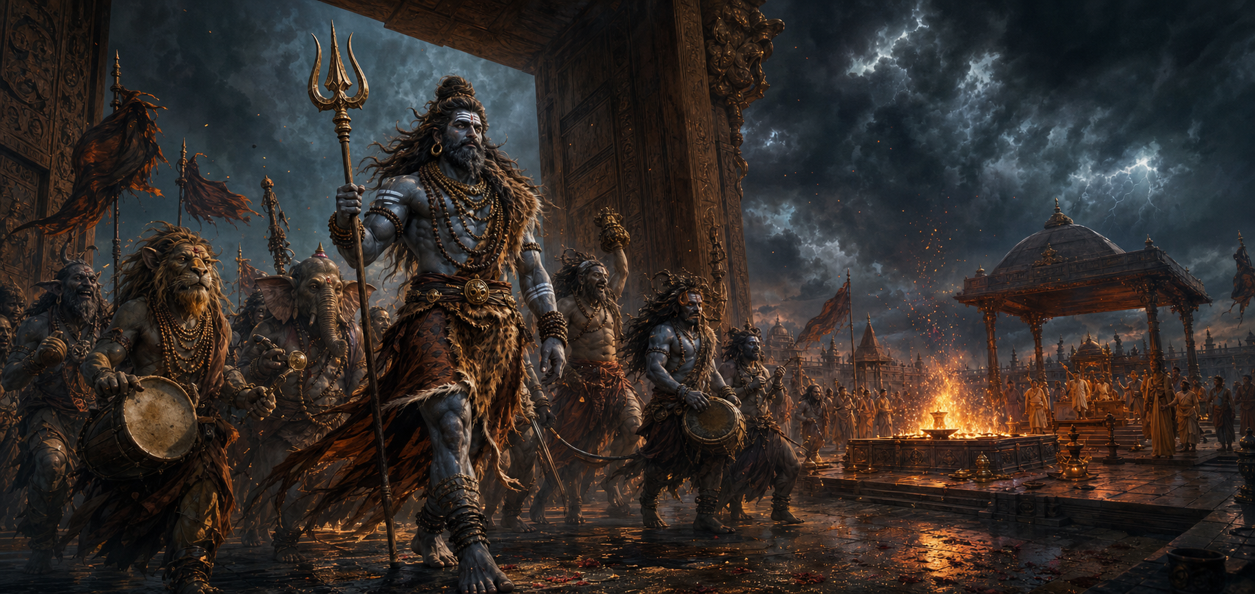 Virabhadra leads a diverse host of ash-marked Rudra ganas across the threshold of Daksha's sacrificial enclosure.