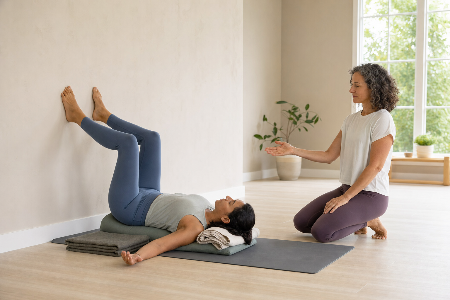 A yoga teacher observes an adult practitioner using a wall, bolster, and blankets for a gentle supported inversion.