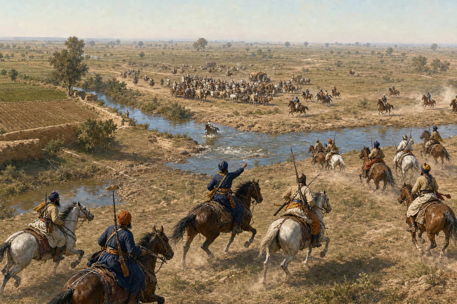 Small groups of Sikh cavalry maneuver across a river plain while a larger imperial force remains gathered near its supply train.