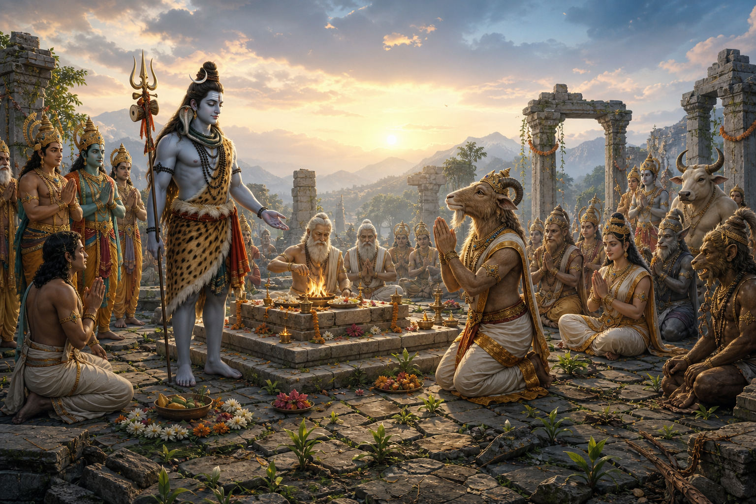 Shiva stands beside a renewed sacrificial fire as the restored goat-headed Daksha kneels and priests resume the ceremony at dawn.