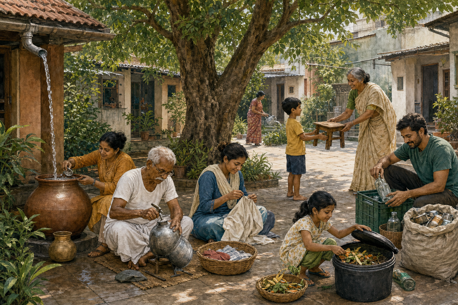 Several generations repair household goods, refill jars, compost food scraps, collect rainwater, and share a restored stool in a communal courtyard.