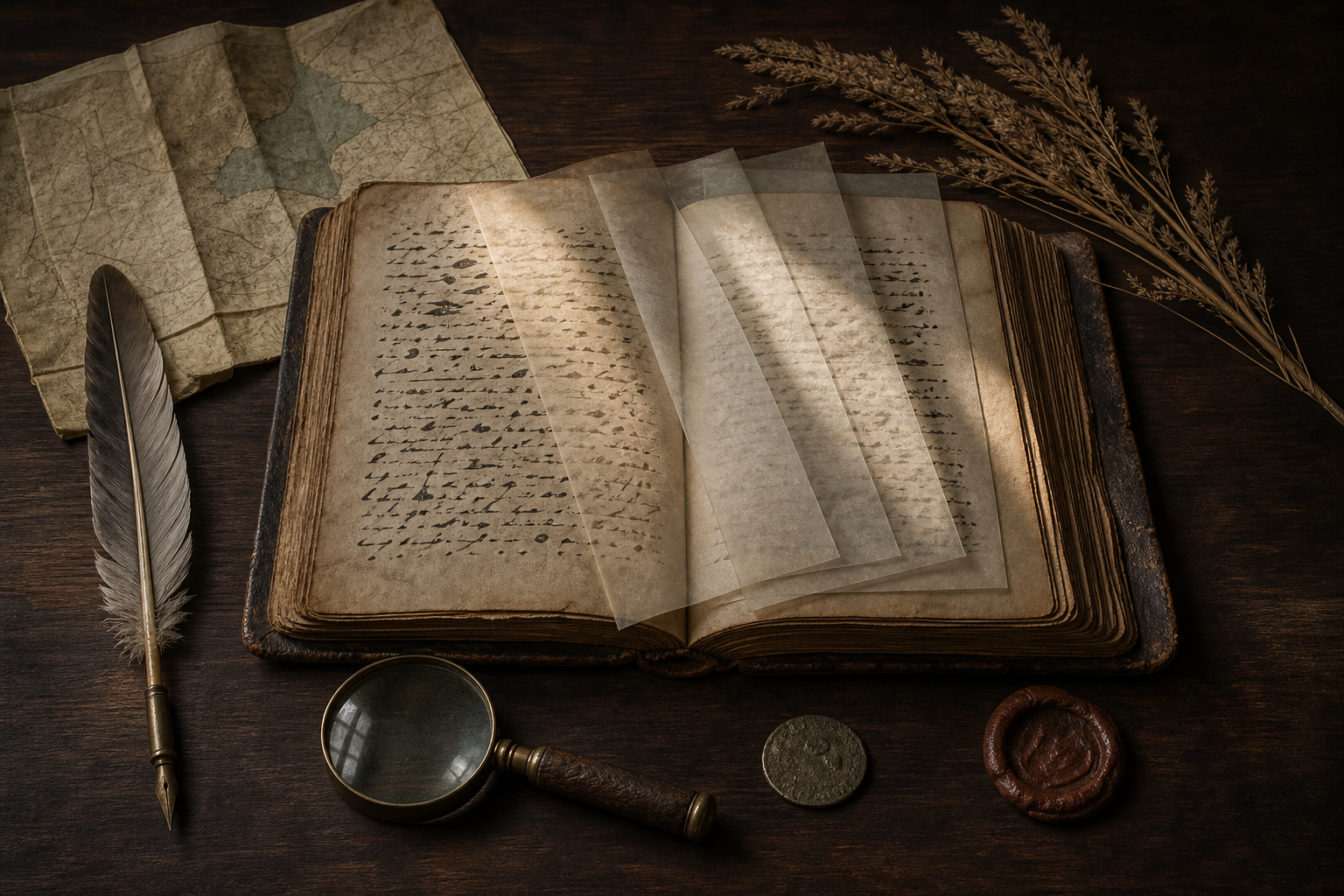 An open historical manuscript is surrounded by a magnifying lens, unlabeled map, coin, seal and writing tools on a wooden research table.