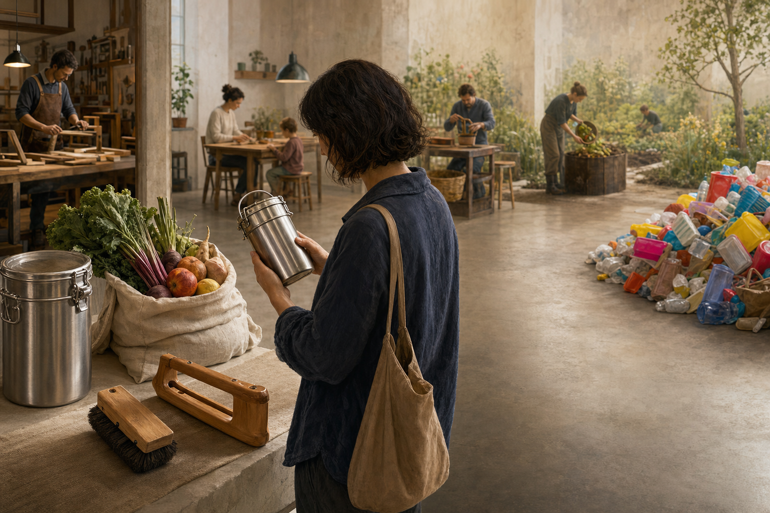 A shopper compares durable reusable goods and loose produce with a distant pile of unbranded disposable items in a modern market.
