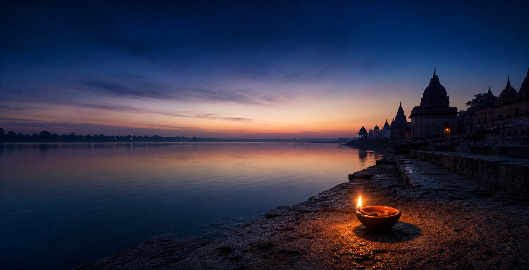 A glowing oil lamp rests beside a quiet river under a dark pre-dawn sky, with temple silhouettes on the distant horizon.