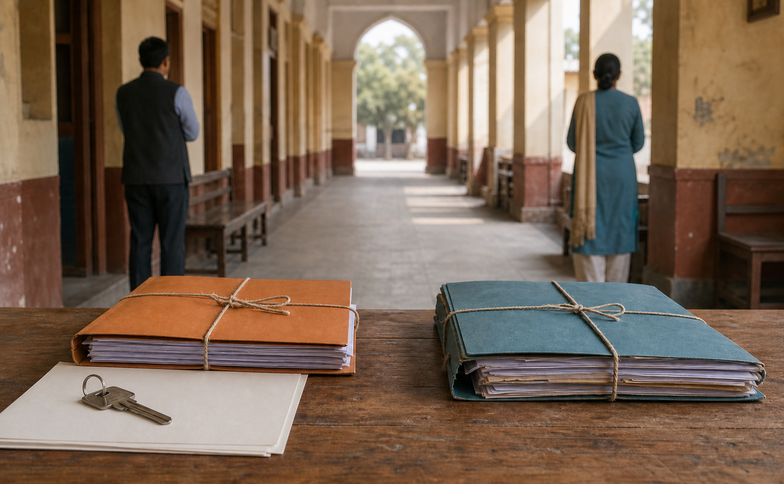 Two separate case files, property papers, and a house key on a table in a courthouse corridor, with two adult figures in the background.