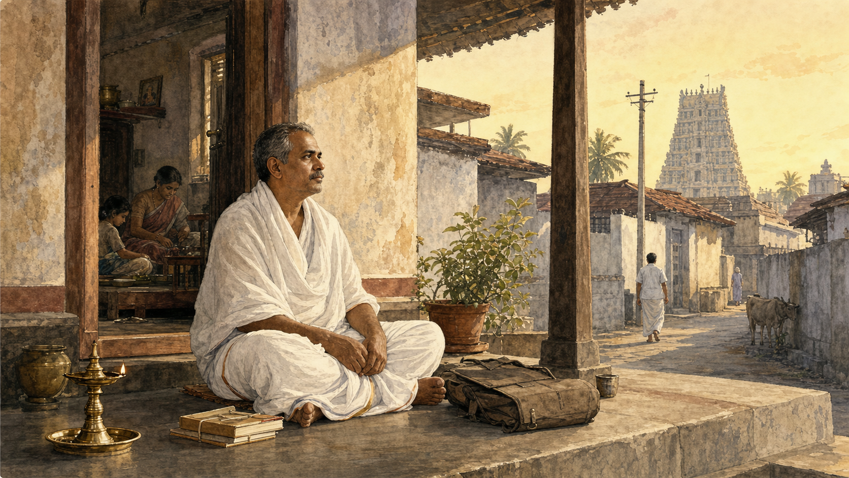 A South Indian householder in a white dhoti sits quietly on a veranda with a school satchel, oil lamp, family home, and distant temple tower.