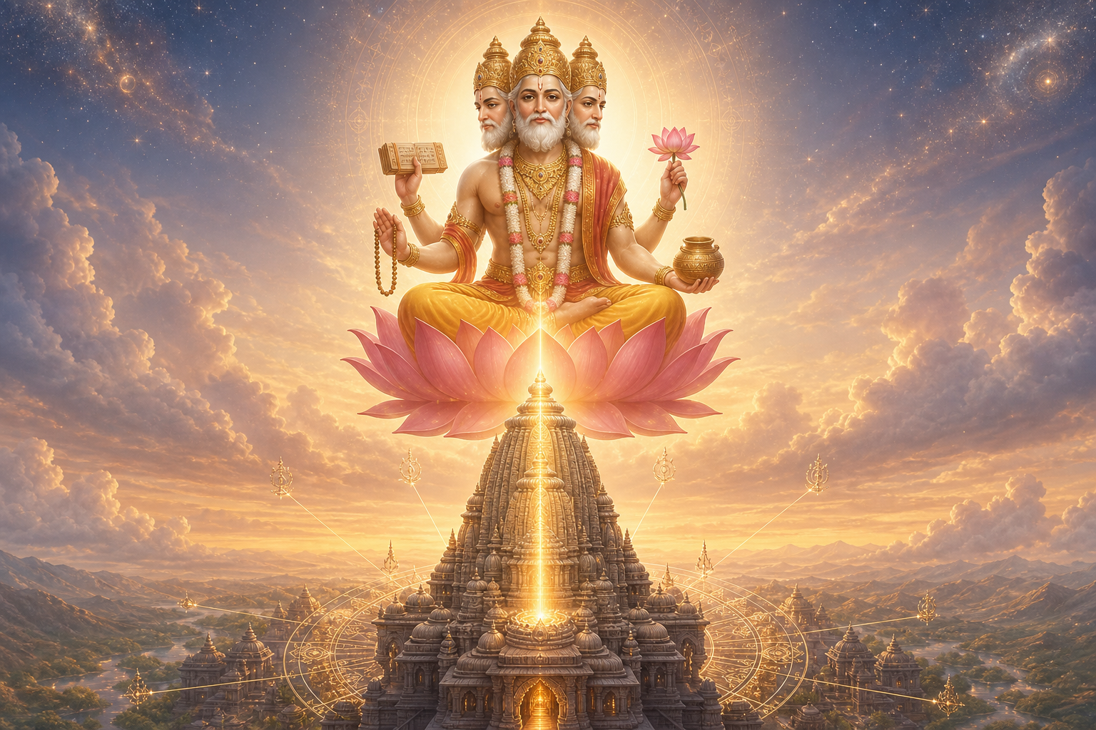 Brahma seated on a radiant lotus above a Hindu temple, with golden light rising through a celestial sky