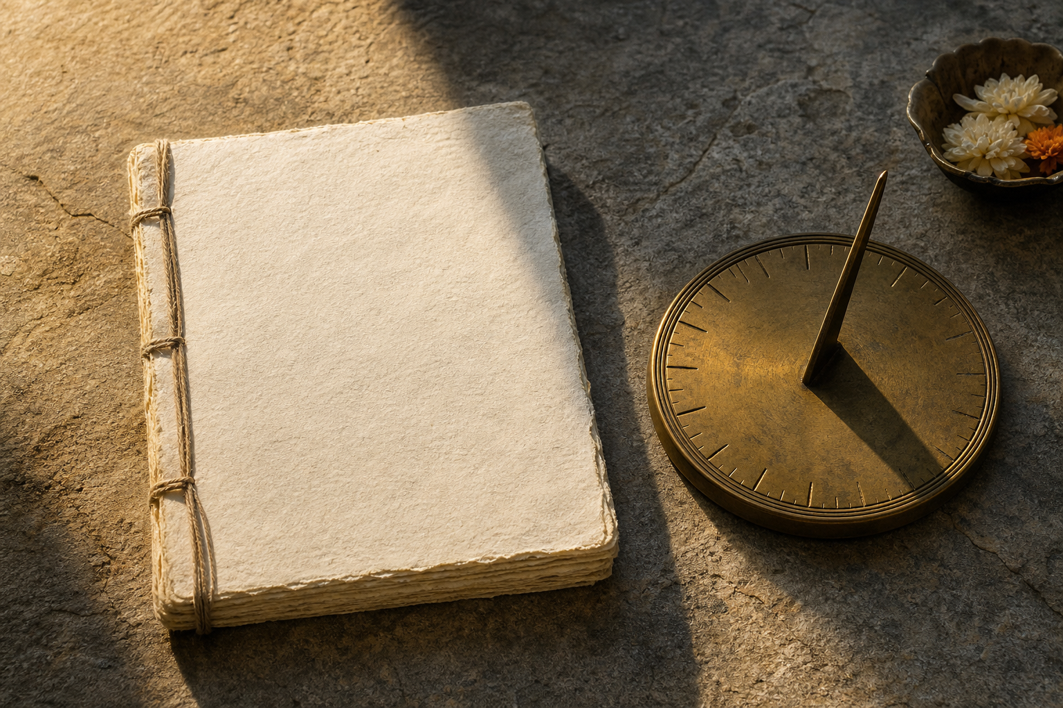 Blank handmade calendar leaves, a numeral-free brass timepiece, and a sun-cast shadow sit on a stone surface divided between sunlight and shade.