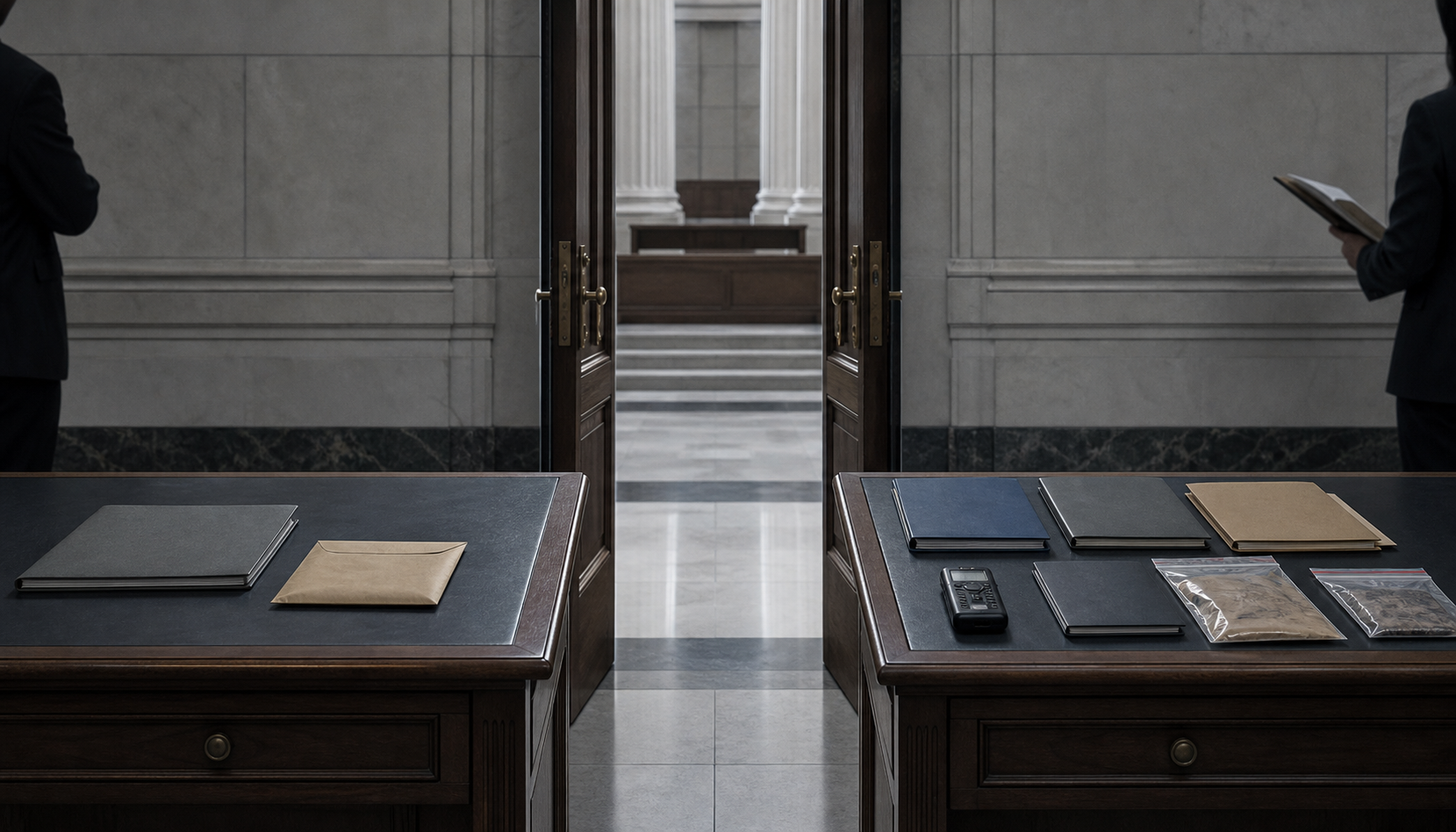 A divided courthouse scene shows one sparse evidence desk and another desk with several organized investigative materials.