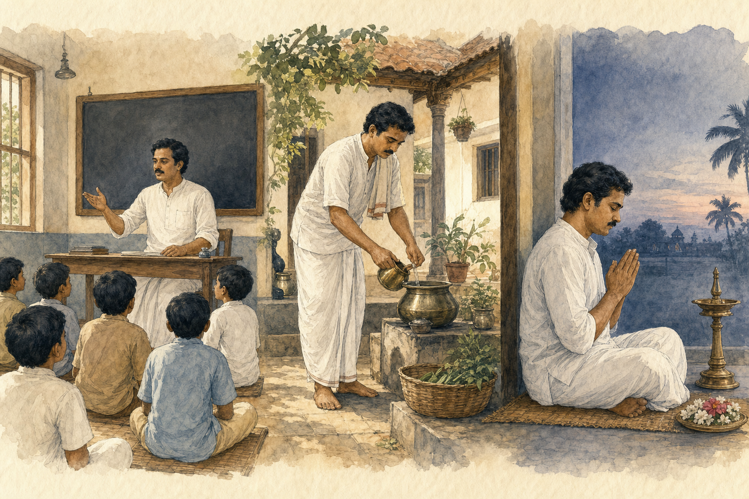 Three connected scenes show a South Indian householder teaching children, helping at home, and sitting in silent prayer before dawn.