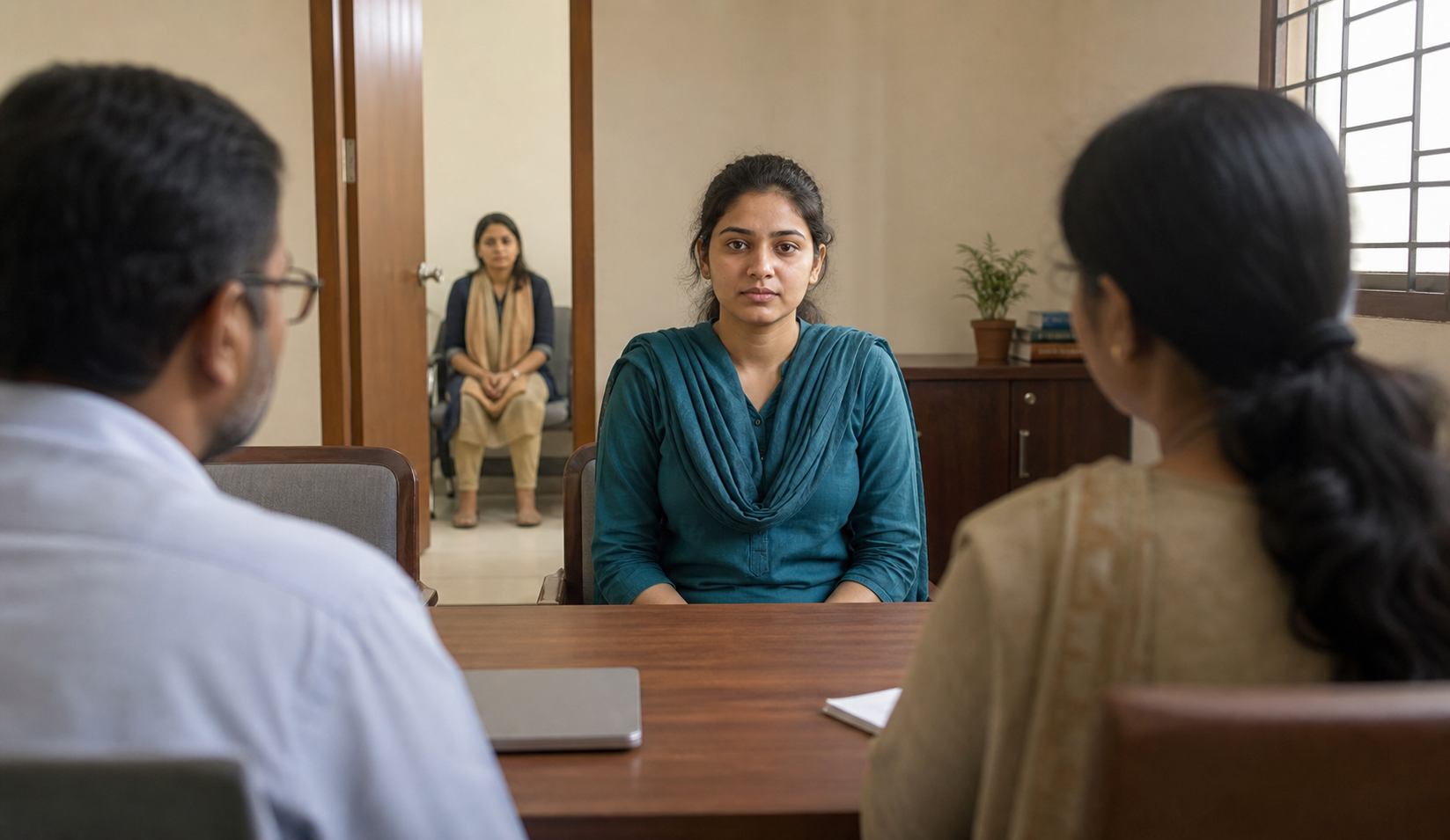 An adult sits in a private consultation room with two interviewers while a support person waits outside an open door.