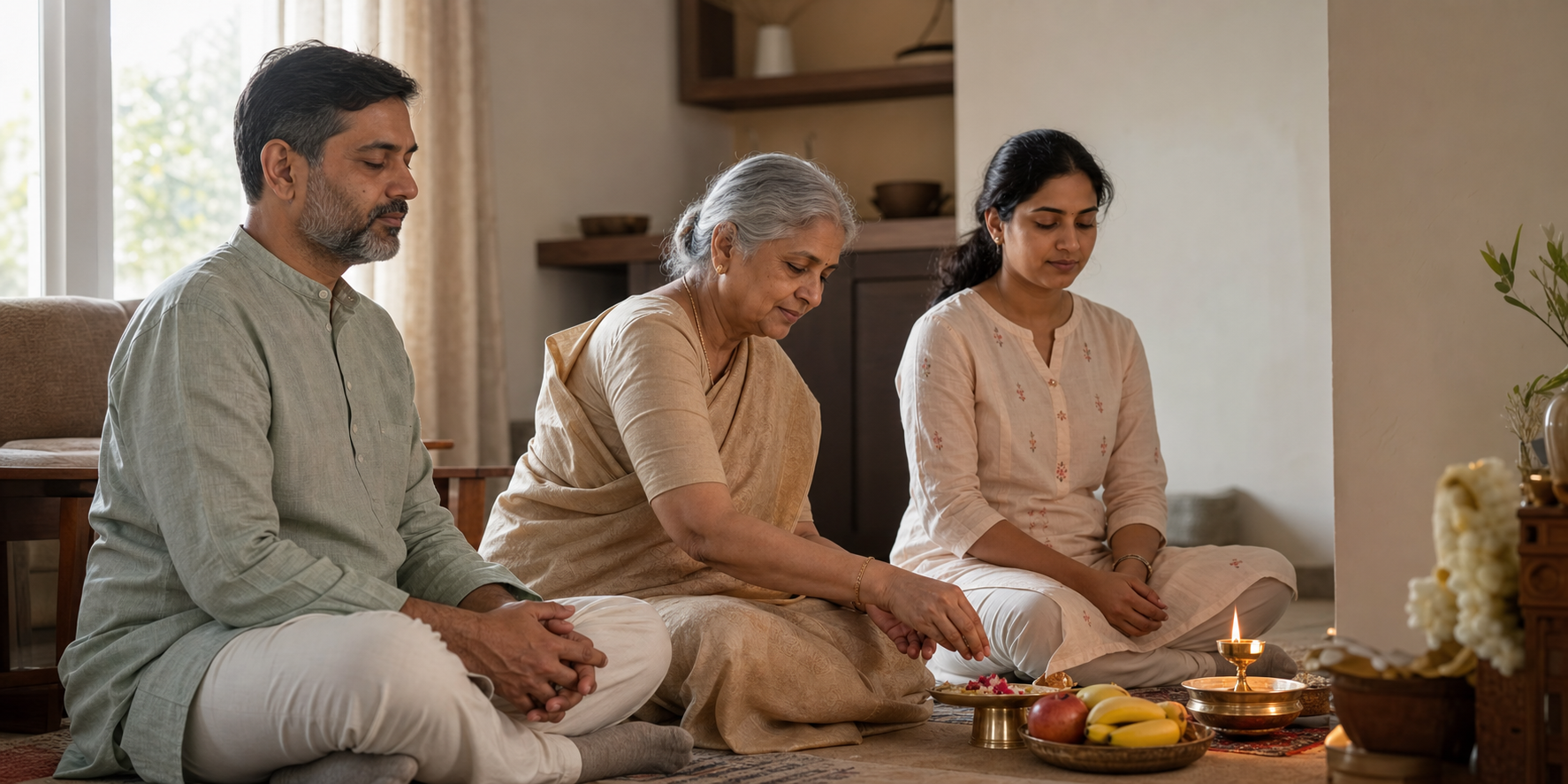 Three family members sit quietly beside a small home prayer space with an oil lamp, flowers, water, and fruit.