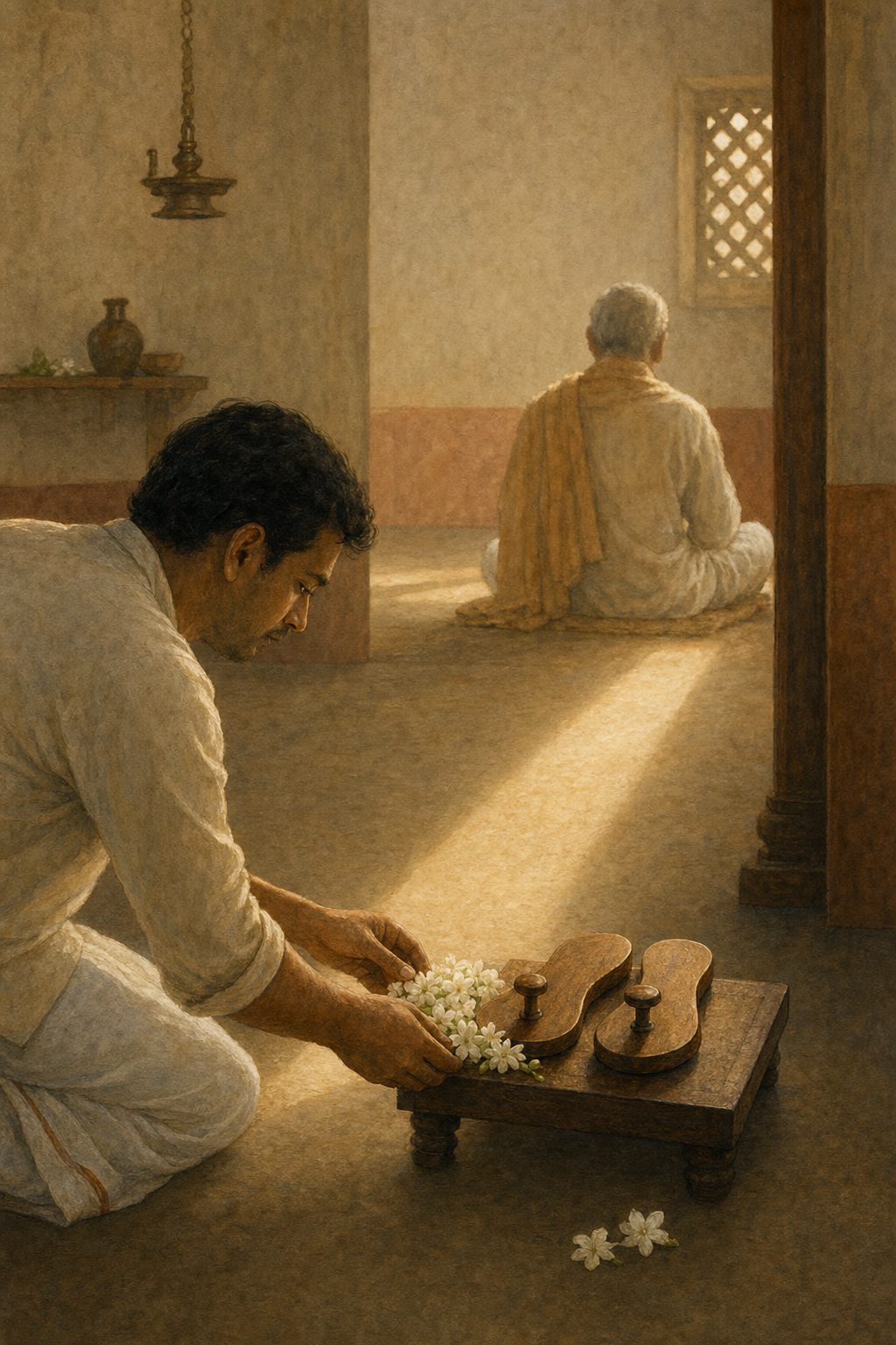A householder places jasmine flowers beside wooden sandals while an older teacher sits quietly in the softly lit background.