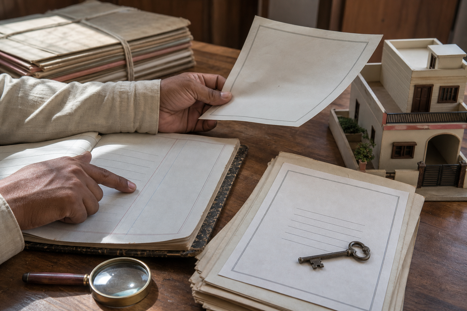 Hands compare property documents beside a house key, a magnifying glass, a ledger, and a small model home.