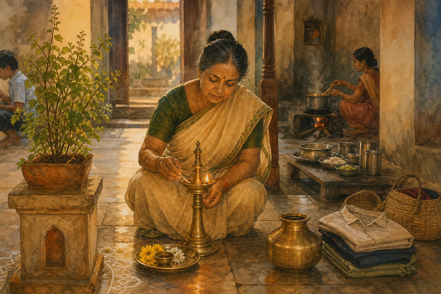 A woman in a cotton sari lights a brass lamp in a home courtyard surrounded by cooking vessels, folded clothes, a water pot, and a tulsi plant.