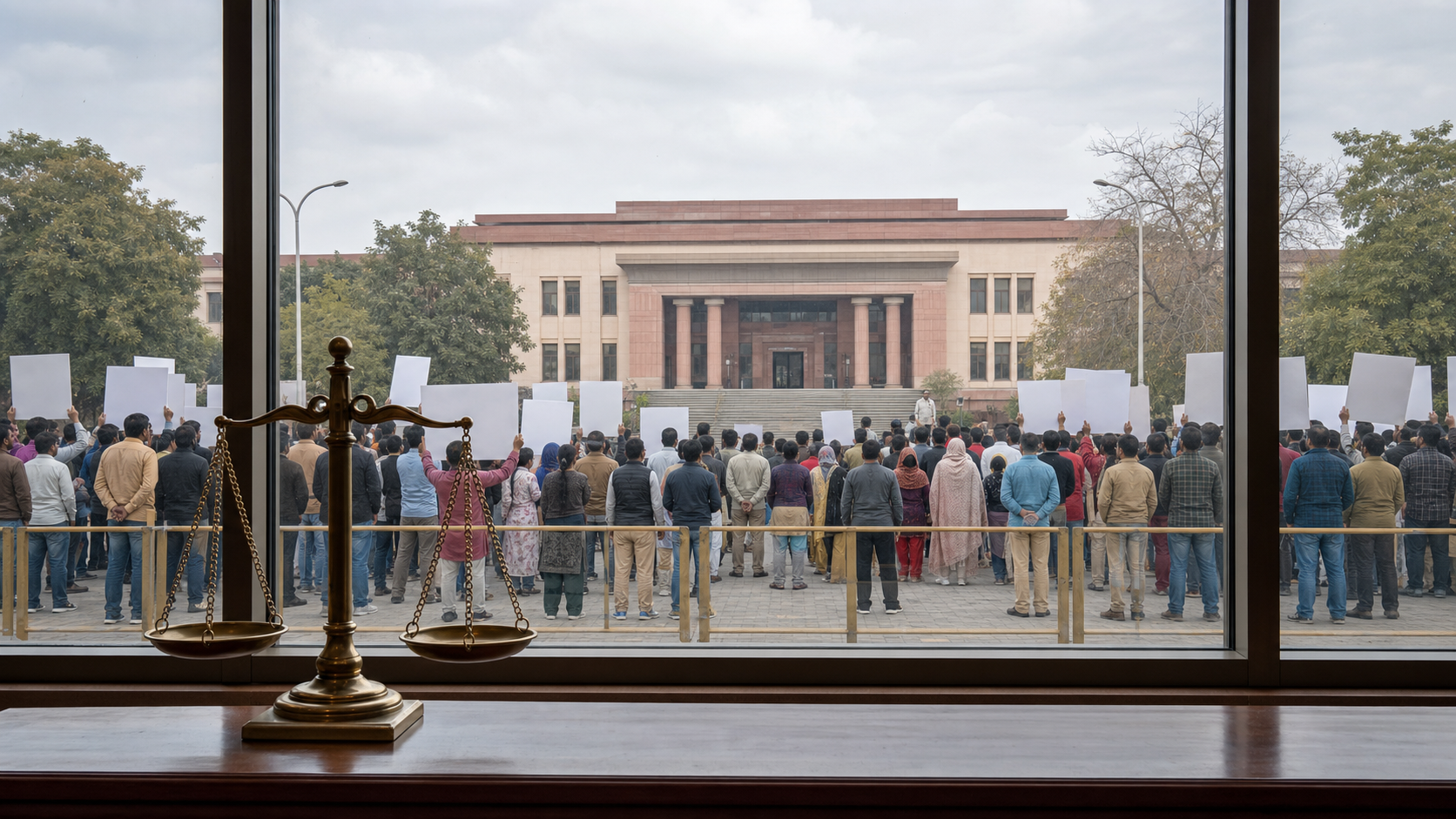 An anonymous crowd with blank placards stands outside a district courthouse, separated from the building by a security barrier.