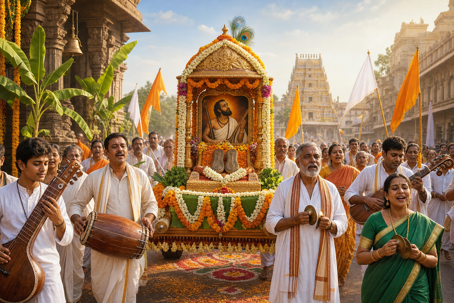 Sant Kanakadasa Palkhi Sohala procession with decorated palkhi, musicians, devotees, and temple street