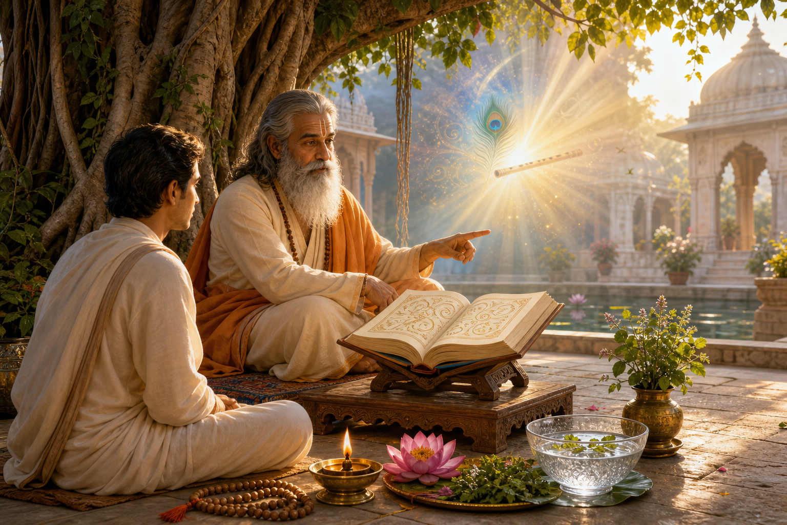 Guru and disciple studying sacred scripture beneath a banyan tree in a peaceful temple courtyard